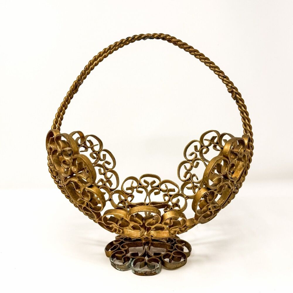 Vintage Gold Metal Filigree Floral Basket Ornate Scrollwork Hollywood Regency